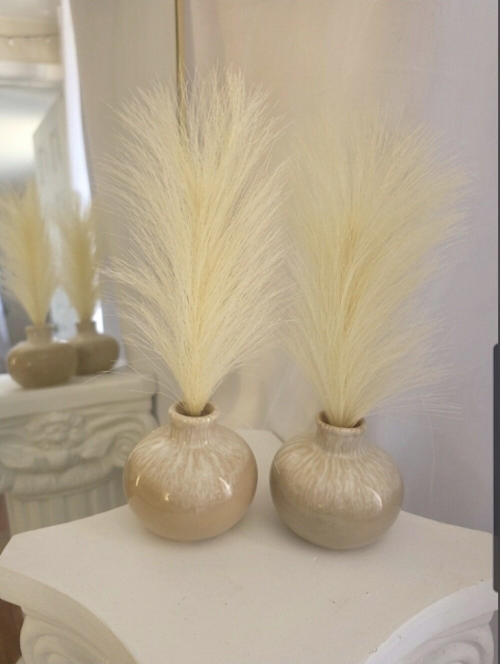 Hobby Lobby 2 Fluffy Beige Faux Pampas Grass in Neutral Round Vases Size 11 Inch